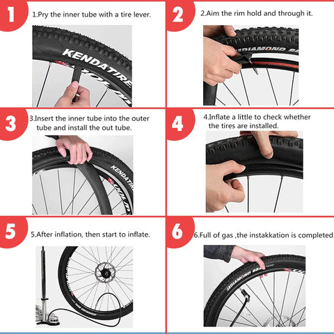 Step-by-step installation of 29 Inch Mountain Bike Inner Tubes 2 Pack Tough As Nails Heavy Duty Butyl Rubber Replacement Fits 1.75 to 2.3 Inch Tires Presta Valve 48mm Leak Free High Air Retention For MTB Mountain Biking images.