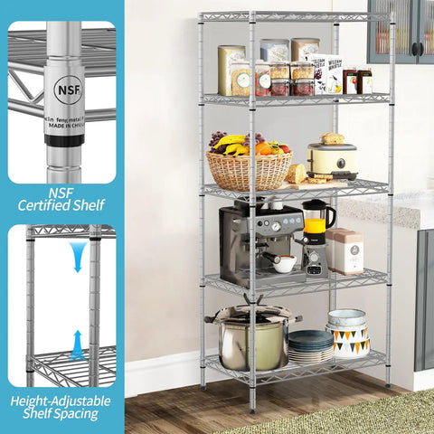 Heavy Duty Five Tier Wire Shelving Unit Rock Solid Chrome Metal Storage Rack With Quick Adjustable Levels Zero Fuss Assembly For Kitchen Garage Pantry Bathroom featuring food and kitchen appliances.