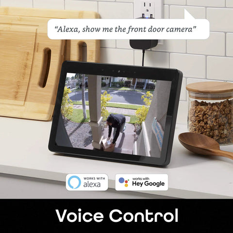 Tablet displaying live feed from Freebird 2K Wireless Security Camera Battery Powered Outdoor Camera with voice control by Alexa