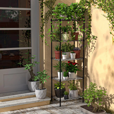 5 Tier Heavy Duty Wire Shelving Rack With Raised Edges And Oil Resistant Baked Finish Fully Adjustable Pantry Storage Organizer With plants.