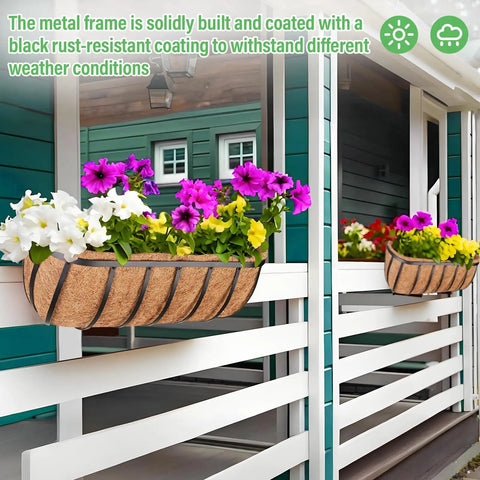 Side view of Two Pack 24 Inch Railing Planter Boxes with Coconut Liners For Outdoor Balcony Porch Fence And Patio No Fuss Easy Hang Deck Flower Baskets Includes Zip Ties Sturdy Metal Troughs For Vibrant Seasonal Plants, installed on railing with flowers