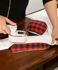 Go To Tailor Pressing Ham And Sleeve Roll Set For Pro Sewists Slick Ironing Cushion With Plush Linen Fill Smooth Shaping Setup For Collars Darts No Hassle Crafting Accessory Kit in use with steam iron on shirt sleeve.