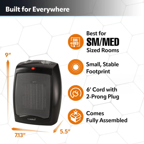 Compact Ceramic Space Heater CD09250 With Adjustable Thermostat For Tabletop Or Under Desk Use Quiet High Low And Fan Settings display