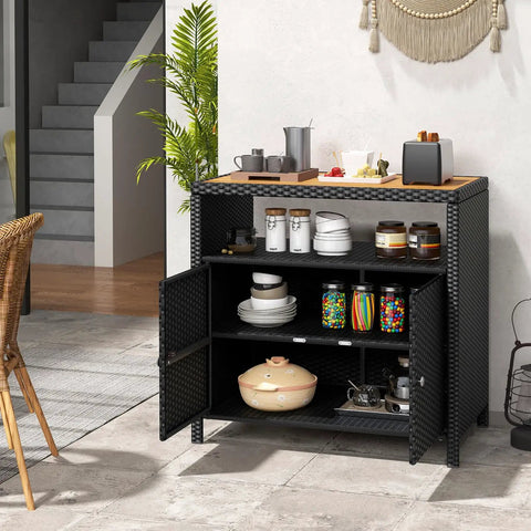 Outdoor Wicker Bar Cabinet With PE Rattan Construction, Durable Acacia Wood Countertop, Open Shelf And Two Doors, Black Finish