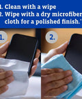 Steps for cleaning a phone with Screen Sanitizing Wipes For Electronics Bleach Free Cleaning Wipes With Citrus Scent 75 Count.