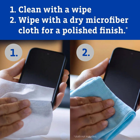 Steps for cleaning a phone with Screen Sanitizing Wipes For Electronics Bleach Free Cleaning Wipes With Citrus Scent 75 Count.