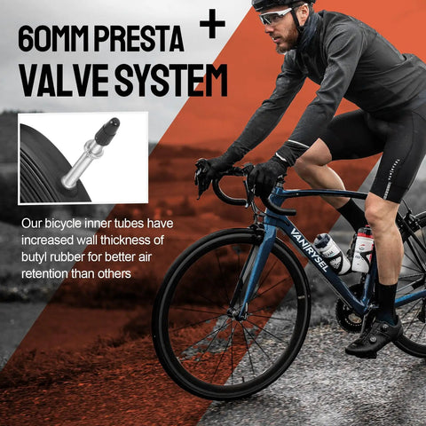 Cyclist riding a road bike highlighting 60mm Presta valve, part of 2 Pack 700x23-25c Road Bike Inner Tubes With 60mm Presta Valve, Premium Butyl Rubber.