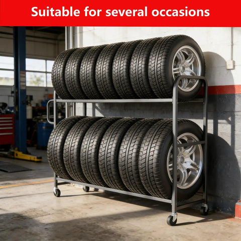 Heavy Duty Tire Rack With Adjustable Crossbars And Slick Swivel Casters Real American Heavy Lifter For Garage Organization featuring stacked tires on a steel frame.