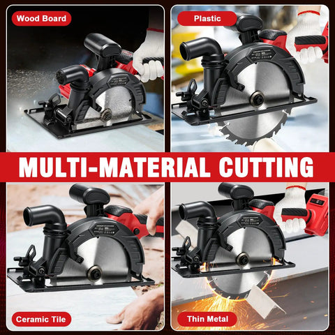 Badass Six Point Five Inch Cordless Circular Saw With Brushless Bldc Motor 1100 Watt 6200 Rpm Accepts Eighteen Volt Packs cutting wood, plastic, ceramic tile, and thin metal.
