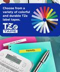 P-Touch PTD220 Label Maker for home office use, showing colorful TZe tape options, portable design, with travel and field notes labels.