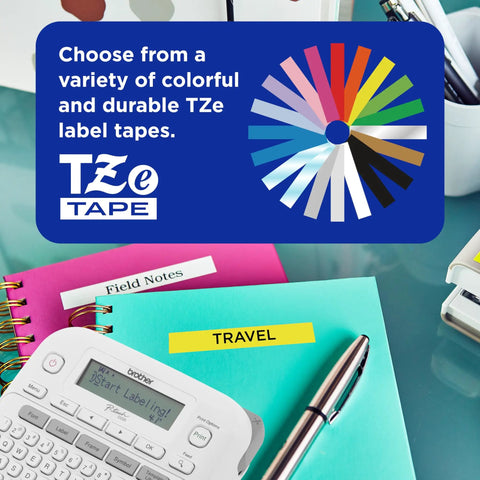 P-Touch PTD220 Label Maker for home office use, showing colorful TZe tape options, portable design, with travel and field notes labels.