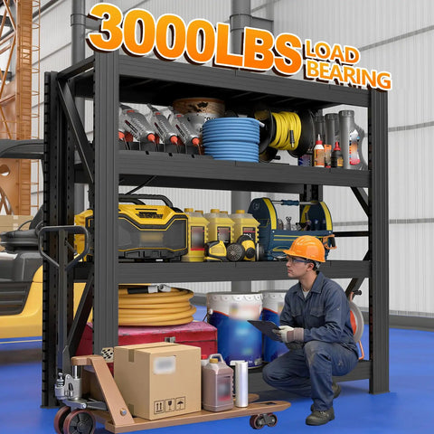 Industrial Grade Premium Badass Heavy Hitting Tough As Nails Metal Shelving Unit With Adjustable Black Steel Decks for Workshop Tools, 3000lbs load bearing.