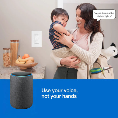Woman using Decked Out Smart Dimmer Switch Kit with Alexa voice control and child