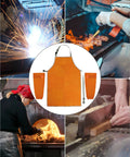 Welding Apron And Sleeves Set With Front Pockets For Heat And Flame Resistant Leather Shop Wear For Welders Blacksmiths Fireplace BBQ Gardening And Safety Bib Apron shown with welding, blacksmithing, grilling, and woodworking scenes