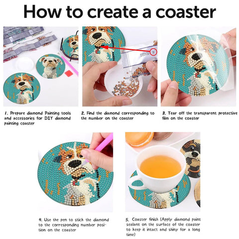 Dog Diamond Art Coaster Kit For Beginners With Holder DIY 8 Pack Diamond Painting Coasters Set Includes Cork Bases Diamonds Pen Glue Tray And Bonus Extra Diamonds For Easy Creative Crafting illustrating step-by-step instructions for creating coasters.