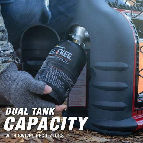 Person loading propane tank into 18000 BTU Big Buddy Pro Series Radiant Heater For Indoor And Outdoor Use Heats Up To 450 Sq Ft Clean Burning And Nearly 100 Percent Efficient With Adjustable 4000 To 18000 BTU Output