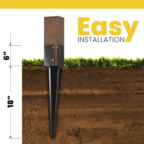 Heavy Duty 24 Inch Fence Post Ground Spike Anchor 4x4 Metal Black Powder Coated For Easy Install with ground view and dimensions
