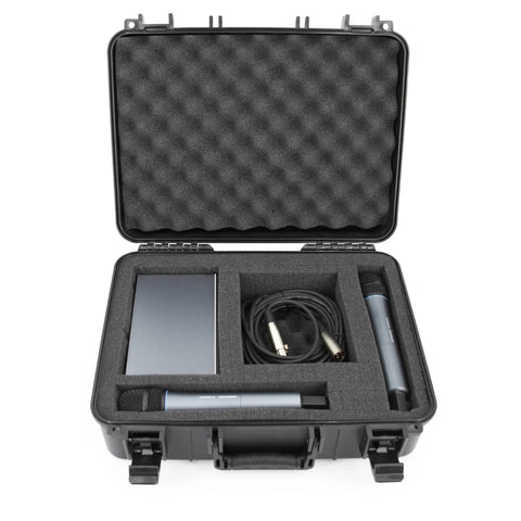 Open hard shell wireless microphone case with customizable foam insert, holding mic and receivers for Sennheiser Shure Audio Technica.