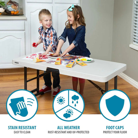 Commercial Adjustable Folding Table For Indoor And Outdoor Use 4 Foot Surface With Solid Seamless Top Height Settings Of 24 29 And 34 Inches Lightweight Durable HDPE Top With Powder Coated Steel Frame Almond