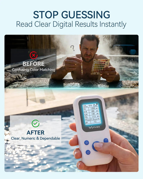 Keep Your Swim Spot Looking Sharp With This Digital 7 In 1 Water Test Kit Delivering Snap Results For Chlorine Bromine pH Alkalinity And Hardness While Covering All The Bases Smoothly Inside, showing clear numeric results.