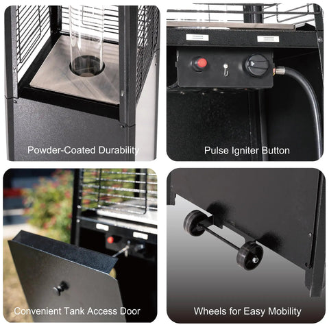 Features of Propane Patio Heater With Reflector Shield And Wheels 40000 BTU Quartz Glass Tube Outdoor Heater.
