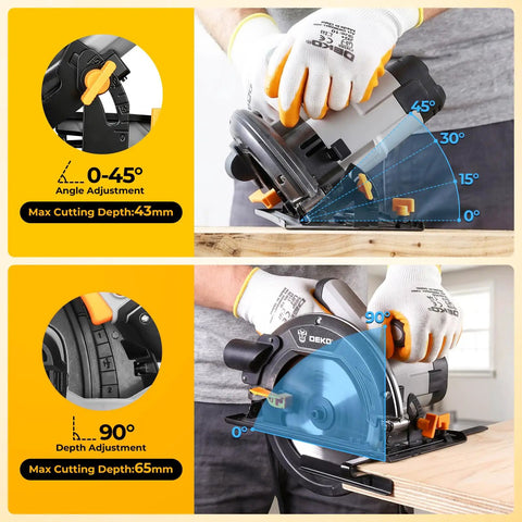 Professional Grade 7 1 4 Inch Circular Saw Featuring A Robust 1600 Watt Motor And 11 7 Amps Of Kick Ass Cutting Power For Heavy Duty Woodworking Projects At 6100 Rpm Lightweight Portable Design angle and depth adjustment features illustrated.