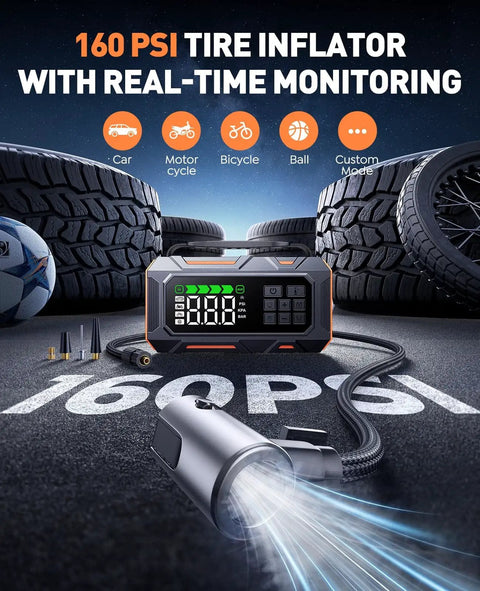 16-In-1 8000A Car Jump Starter With Air Compressor 160 PSI, digital display and attachments, tire inflator on asphalt