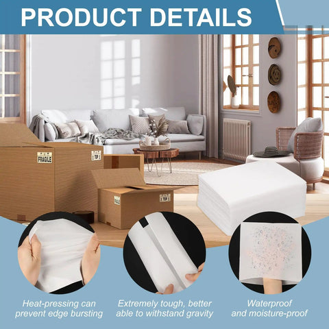 Top Shelf Foam Cushion Bags With No Sweat Shockproof Waterproof Packing Solutions Featuring Solid Tear Resistant Build 100 Count displayed in a living room with packaging details.