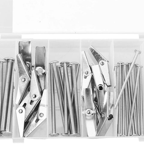 24 Piece Toggle Bolts and Wing Nuts Set for Drywall Mounting, Heavy Duty Iron Fasteners in clear compartment box