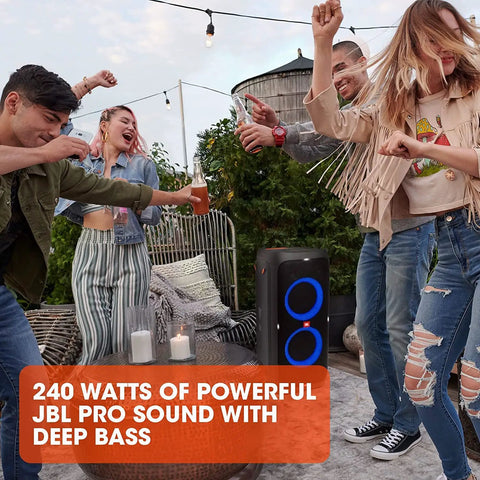 Group enjoying music with Partybox 310 Portable Party Speaker With 240 Watts Of Power Long Lasting Battery Dazzling Light Show