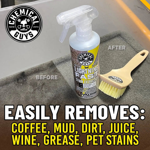 Lightning Fast Carpet And Upholstery Stain Extractor 16 Oz spray bottle next to cleaning brush on carpet pre-cleaning.