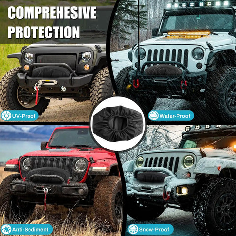 Top Shelf Heavy Duty Winch Cover Weather Tough Shield For 8500 To 12500 Lb Winches Water Resistant 1200D Oxford Fabric Upf 50 Protection Durable Gear Armor For Trucks And Trailers displayed on different Jeep models.