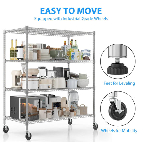 Heavy Duty Metal Shelving 4 Tier Storage Rack With Smooth Rolling Casters For Garage Or Kitchen Adjustable Chrome Wire Rack filled with kitchen items on wheels.