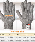 Gray medium fit cut resistant gloves with size chart, showing palm and hand dimensions. 10 Pairs Cut Resistant Gloves For Kitchen Use.