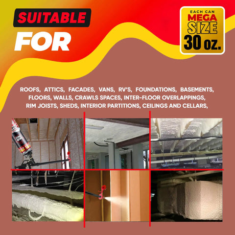 Supercharged Expanding Foam Insulation And Premium Gap Sealant Spray 30 Oz Cans 12 Pack shown spraying in various applications.