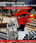 Electric Hydraulic Rebar Cutter 1700W Portable 20mm 25mm Cutting Tool displayed on construction site with steel rods
