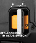 Auto-locking slide switch on StackTech XL Tool Box Organizer With Locking System And Removable Tray Heavy Duty Tool Storage.