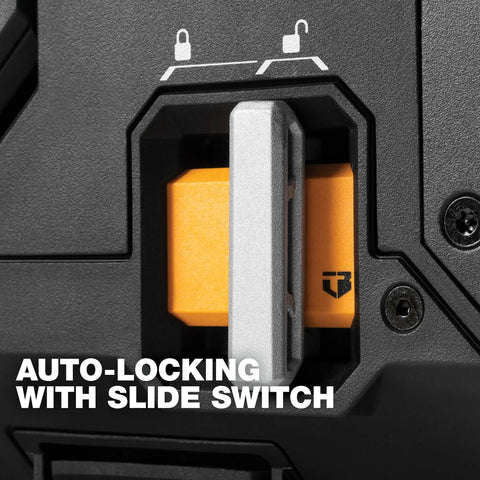 Auto-locking slide switch on StackTech XL Tool Box Organizer With Locking System And Removable Tray Heavy Duty Tool Storage.