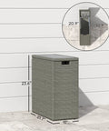 Weatherproof 17.3 Gallon Wicker Storage Box With Slatted Acacia Wood Flip Top For Indoor And Outdoor Use Cushions Pool Gear Garden Tools UV Resistant Gray, side view with dimensions