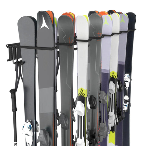 Modern Top Shelf Heavy Duty Wall Mount Ski Rack Solid Garage Game Changer To Securely Hold 16 Pairs Of Long And Short Alpine Skis Plus Snowboards With Hook Clamps displaying multiple skis on hooks.