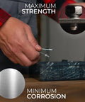 Hands holding aluminum pop rivets from a case in a workspace, showcasing maximum strength and minimum corrosion.