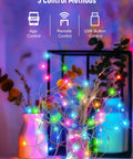 Glowing App Controlled Curtain String Lights with 400 LED Pixel Art, Remote and Bluetooth against blurred interior backdrop