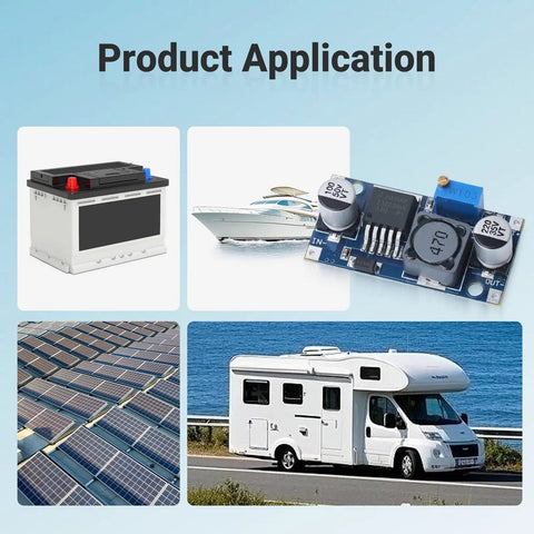 Applications of Five Pack LM2596 Buck Converter Step Down Modules in solar panels, RV, yacht, and batteries.