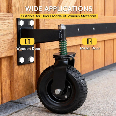 8 Inch Heavy Duty Fence Gate Wheels 660 Lbs Capacity Built Like A Tank With Spring Cushioned Casters 360 Degree Swiveling Rollers on a wooden and metal door.