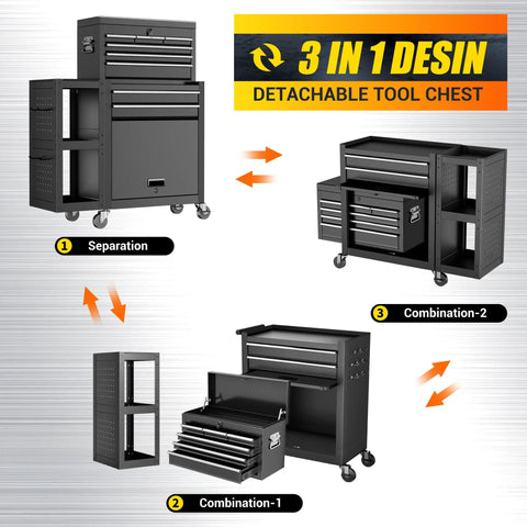 Tough As Nails 8 Drawer Rolling Tool Chest With Lockable Cabinets And Detachable Utility Cart showcasing separation and combinations.
