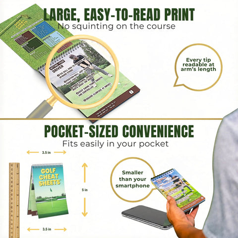 Golf Cheat Sheets Pocket Guide showing large print, size comparison with smartphone, highlighting easy reading and pocket-sized convenience.