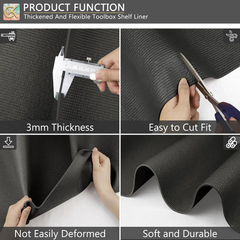 Thickened Foam Toolbox Liner Mat For Tool Boxes And Workbenches, Heavy Duty Cushioned Pad To Protect Tools And Surfaces, Noise Dampening And Vibration Absorption, Black, 16 By 6 Inches, Garage And Chest Organizer Accessory shown with flexible and durable black foam material being cut and measured.