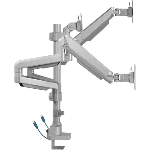 Clean Workspace Upgrade Featuring Versatile Triple Monitor Pole Stand With Rock Solid Build And Smooth Glide Swivel Tilt Control Plus Integrated Usb Charging Ports For Effortless Grommet Installation Gray, showing dual monitor arms and USB ports.