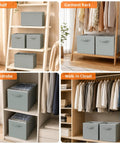 Four Pack Gray Closet Organizers And Storage Bins Heavy Duty Fabric on shelf, garment rack, wardrobe, and walk-in closet.