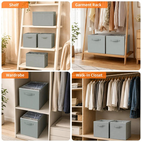 Four Pack Gray Closet Organizers And Storage Bins Heavy Duty Fabric on shelf, garment rack, wardrobe, and walk-in closet.